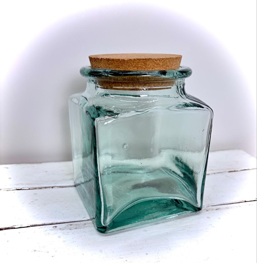 VTG 90s Aqua Blue-Green Recycled Glass Apothecary Canister -Cork Lid- 5.5 inch